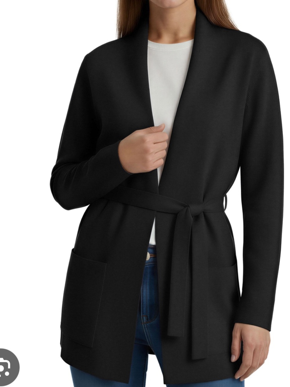 Como Vintage Black Tunic Cardigan Belted - front pocket. XL